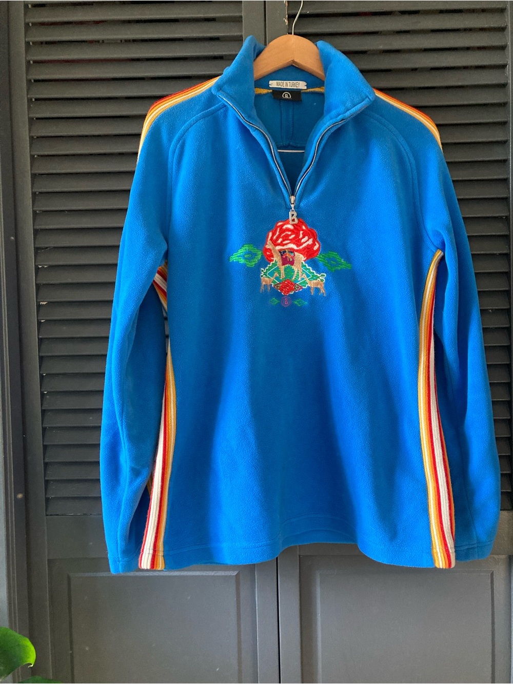 RARE Bogner Half-Zip fleece with Red Floral Embroidery and Multicolor Stripe